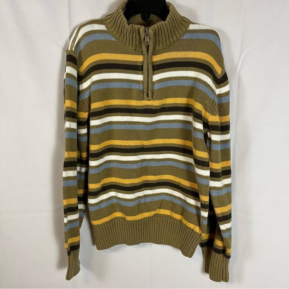 GYMBOREE Boys Long Sleeve Quarter Zip Striped Cotton Sweater Khaki & Blue M-7-8